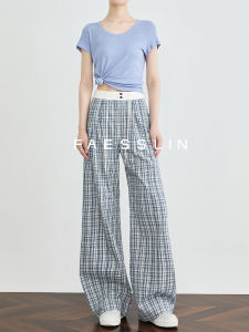 FAESSLIN | Tall-friendly Summer Cotton Check Wide-leg Pants