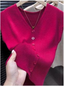 Áo Len Dệt Kim Cổ Chữ V Màu Hồng Thanh Lịch Sang Trọng Thời Trang Thu Đông Áo Khoác Ngoài Bằng Vải Lông Cừu Ngắn Cho Nữ