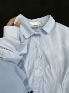 เสื้อเชิ้ตแขนยาวสีน้ำเงินสำหรับผู้หญิง ฤดูใบไม้ร่วง 2023 ดีไซน์ใหม่ เสื้อเชิ้ตทรงหลวมๆ ชั้นใน ชุดทำงาน สไตล์เกาหลี ปกโปโล กระดุม