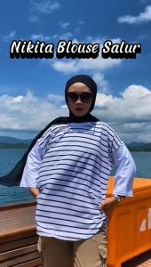 Blouse Wanita Jumbo Nikita Blus Salur Bahan Kaos Katun Combed Mix Cvc Baju Atasan Ootd Hijab