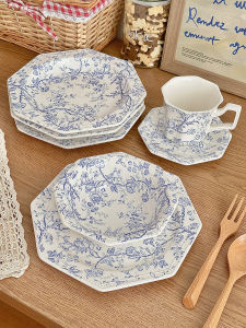 Blue Floral Pattern Ceramic Plate Relief Dessert Plate Breakfast Plate French Vintage Style Eight-Sided Flat Plate for Universal Use