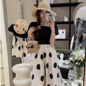 High-End Summer Outfit Mother Daughter Matching Clothes Bubble Sleeve Short Sleeve Polka Dot Wide Leg Pants Trendy White Checkered