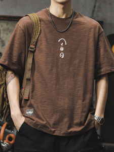 Retro American Cotton T-Shirt for Men Short Sleeve Heavyweight Bamboo Design Loose Fit Summer Fashionable Sweat Absorbent