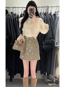 SHANGSHA | Elegant Chic Luxury Beige Shirt Dress Set