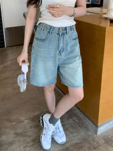 AYuan Wang Style Denim Shorts for Women High Waist Cotton Bomb Denim Straight Leg Pants Blue Color Spring and Summer Season