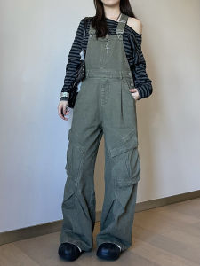 Retro American Washed Wide Leg Workwear Overalls Women Casual Street Multi Pocket Design Long Pants Trendy High Waist Zipper