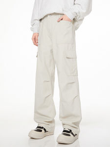 กางเกงทำงานทหารร่มสีขาว กางเกงขายาวทรงหลวมขาตรงสำหรับผู้ชาย กระเป๋าใหญ่ สไตล์ฮิปฮอป สวมใส่สบาย กางเกงขายาวผ้าฝ้าย