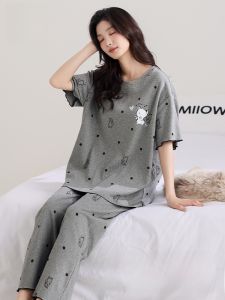 MiiOW | Bộ đồ ngủ cotton nguyên chất mùa hè cho nữ có đệm ngực quần dài áo chui đầu cổ tròn mặc ở nhà thoải mái thoáng khí