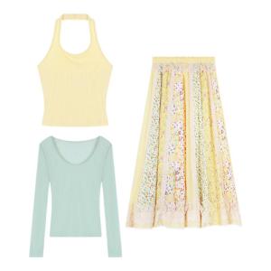 Gentle Wind Long Sleeve T-Shirt Set Womens Fashion Lace Overlap Neck Vest Top Skirt Three-Piece Set Autumn Casual Style