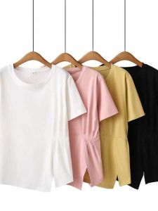 Áo Thun Tay Ngắn Cổ Tròn Màu Trơn Phong Cách Hàn Quốc Mùa Hè Cỡ Lớn Không Đều Hở Vai Thiết Kế Áo Thun Cổ Tròn Thường Ngày