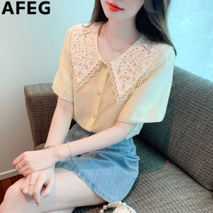 AFEG Korean version doll collar fashion loose temperament tensilk stitching lace bubble sleeve blouse for women