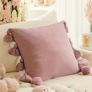 1pc Cute Boho Style Decorative Throw Pillow Cover With Handmade10 TasselsSoft Velvet Solid Color Square Cushion Cover For Home