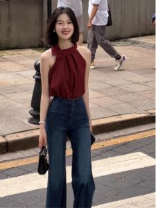 French Chic Shoulder Bared Neck Hanging Top Womens Sleeveless Vest Summer New Design Sensation Small Size Trendy Sweet Fit