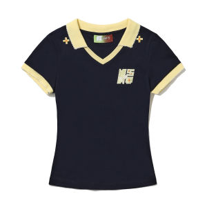 Slim Fit Embroidered T-Shirt Budded Plan Color Collision Curly Tooth Stitching Collar Versatile Shoulder Balance Youthful Cotton Tee