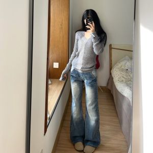 ความยาวขยาย สลิมฟิต ต่ํา เอว ก้นกระดิ่ง กางเกงยีนส์ ผู้หญิง ฤดูใบไม้ผลิ ฤดูใบไม้ร่วง Vintage Washed เดนิม กางเกง สีอ่อนล้ําลึกต่อต้านริ้วรอย