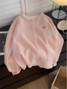 Pink Raccoon Velvet Bear Embroidery Knitting Cardigan Fall and Winter Milk Fufu Soft Glutinous Cute Youth-Looking Loose Sweater Coat