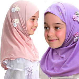 Girls Instant Hijab Scarf Muslim Bonnet Hijab Handmade Flower Lovely Rhinestone Head Wrap Turban for 2-6 Years Kids