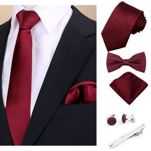 Luxury Fashion Mens Solid Necktie Bowtie Set with Pocket Square Cufflinks Tie Clip Wine Blue Elegant Striped Accessories Gravat