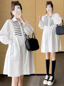 Váy Sơ Mi Cotton Dài Tay Thường Ngày Cho Bà Bầu Cỡ Lớn 200 Pound Mùa Thu Xuân Mới Về Váy Dài Cotton Dáng Rộng
