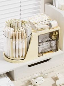 360 Degree Rotatable Large Capacity Transparent Makeup Brush Storage Box with Drawer Desktop Organizer Multi-Function Storage Canister