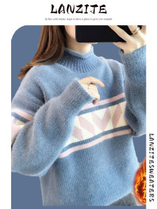 เสื้อสเวตเตอร์ถักคอวีหนาสำหรับผู้หญิง ฤดูใบไม้ร่วง/ฤดูหนาว เสื้อชั้นในถักขนแกะ ผ้าฝ้ายผสมโพลีเอสเตอร์ ปกติ แขนยาว ปกติ