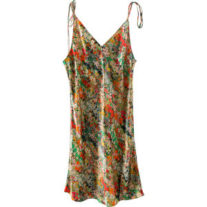 XEXZ | ชุดนอนผ้าไหมซาตินพิมพ์ลายดอกไม้เซ็กซี่สำหรับผู้หญิงในช่วงฤดูร้อน ชุดนอนผ้าไหมซาตินคอวีแขนกุดกระโปรงสั้น