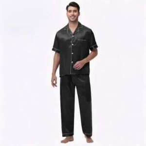 Mens Silk Satin Pajama Set Short Sleeve Lapel Button Shirt Elastic Waist Long Pants Contrast Piping Luxury Silk Sleepwear
