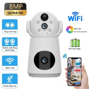 Camera Trong Nhà WiFi 4K 8MP Camera Kép Màn Hình Kép Máy Giám Sát Trẻ Em Với Tầm Nhìn Ban Đêm V380 Pro Mini Camera An Ninh CCTV Pin Tiết Kiệm Năng Lượng