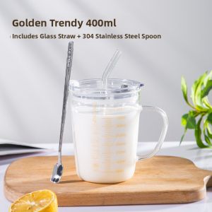 Measurement Scale High Borosilicate Glass Cup With Lid and Straw