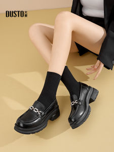 Giày Lười Đế Dày DUSTO Cho Nữ 2025 Giày Lười Đế Cao Gót Màu Đen Phong Cách Anh Giày Lười Đế Bằng Đế Cao Gót Cho Nữ