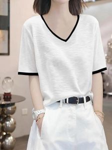 V.C.I | White V-Neck Bamboo Cotton Loose Short Sleeve T-Shirt