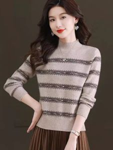Autumn Winter Loose Half High Neck Short Womens Striped Versatile Base Knitwear Loose Slimming Sweater Comfortable Fit Commute Style
