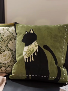 Olive Green Vintage Black Cat Cushion Cover Boho Sofa Throw Pillow Case