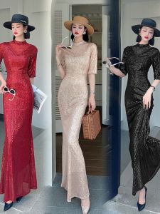 2023 New Elegant Fish Tail Evening Dress for Women with Sequins U-Neck Bodycon Mermaid Gown for Spring Fall Season