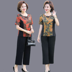 Ladieswear Summer Wear Suit 40-50 Years Old Middle-Aged Short Sleeve Cheongsam Top Loose Pants Two-piece Set Middle-Aged and Elderly Clothing
