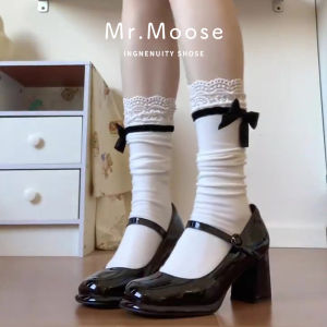 รองเท้าส้นสูง Mary Janes สีดำ ทรงหัวมน สายรัดแบบคล้องข้อเท้า รองเท้าส้นหนา ทรงหัวมน รองเท้าส้นสูงสำหรับผู้หญิง รองเท้าแฟชั่น