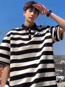 American Stripe Short Sleeve Polo Shirt Mens Summer Trendy Heavyweight Collar T-Shirt Teen Casual Versatile Half Sleeve