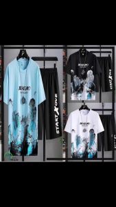 Baju+Seluar Lelaki Set Men Short Sleeve T-shirt Set Summer Two Piece Sets Baju T Shirt Lelaki Men Fashion Casual Set Korean Short-sleeved