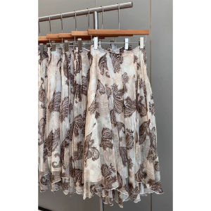 AXU | Váy midi chữ A vải lanh cotton in họa tiết mùa hè cho nữ cạp cao dáng chữ A váy midi thường ngày thoải mái thoáng khí