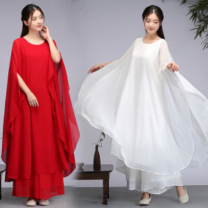 Chuanfu Womens Classical White Fairy Skirtish Dress Summer Fashion Ancient Chinese Guzheng Performance Clothing A-Line Long Dress