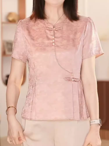Fashionable Two-Piece Set Summer Style Womens Mid-Age Trendy T-Shirt Top R-Mom Chinese Style Polyester Fiber round Neck Overhead