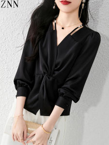 Áo Sơ Mi Cổ Chữ V Màu Đen Cho Phụ Nữ Trẻ Có Con Nhỏ Dáng Ôm Tay Dài Chất Liệu Polyester Thường Ngày Mùa Thu 2025