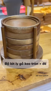 Bộ Lót ly gỗ keo tròn+ đế và hình hoa đẹp mắt đồ thủ công trang trí bàn trà (KBT001LLLG)