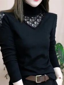 Fall and Winter Mothers Half Turtleneck Pure Color Cut Out Bottoming Shirt Elegant Slimming Youthful-Looking Lace Double-Sided Velvet Heattech Tops