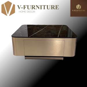 Bàn trà đơn Sofa phòng khách mặt kính hoặc đá cốt gỗ MDF phủ hợp kim màu đồng xước Copper Bush 4.1 sang trọng