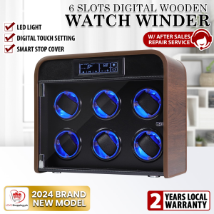6 Slots Wooden Automatic Watch Winder with Digital Touch Settings + LED Light Silent Operation & Anti-Magnetic Technology