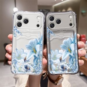 Flower Wallet Card Holder Clear Soft Case For iPhone 11 14 15 16 17 Pro Max Plus 13 12 Mini XS XR 7 Transparent Card Slots Cover