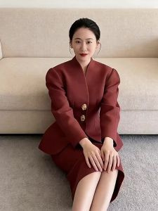 French Elegant Metal Single Button Suit Jacket A Line Slim Skirt
