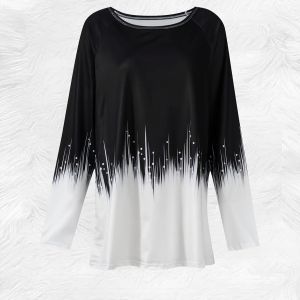 Printed Design autumn and winter styles Black White Gradient Drip Pattern casual style ladies long top