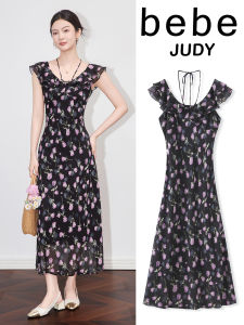 Elegant Romantic Bebe Judy Summer 2025 Womens Long Dress High Waist A-Line Gown Floral Print Bell Collar Slimming Design